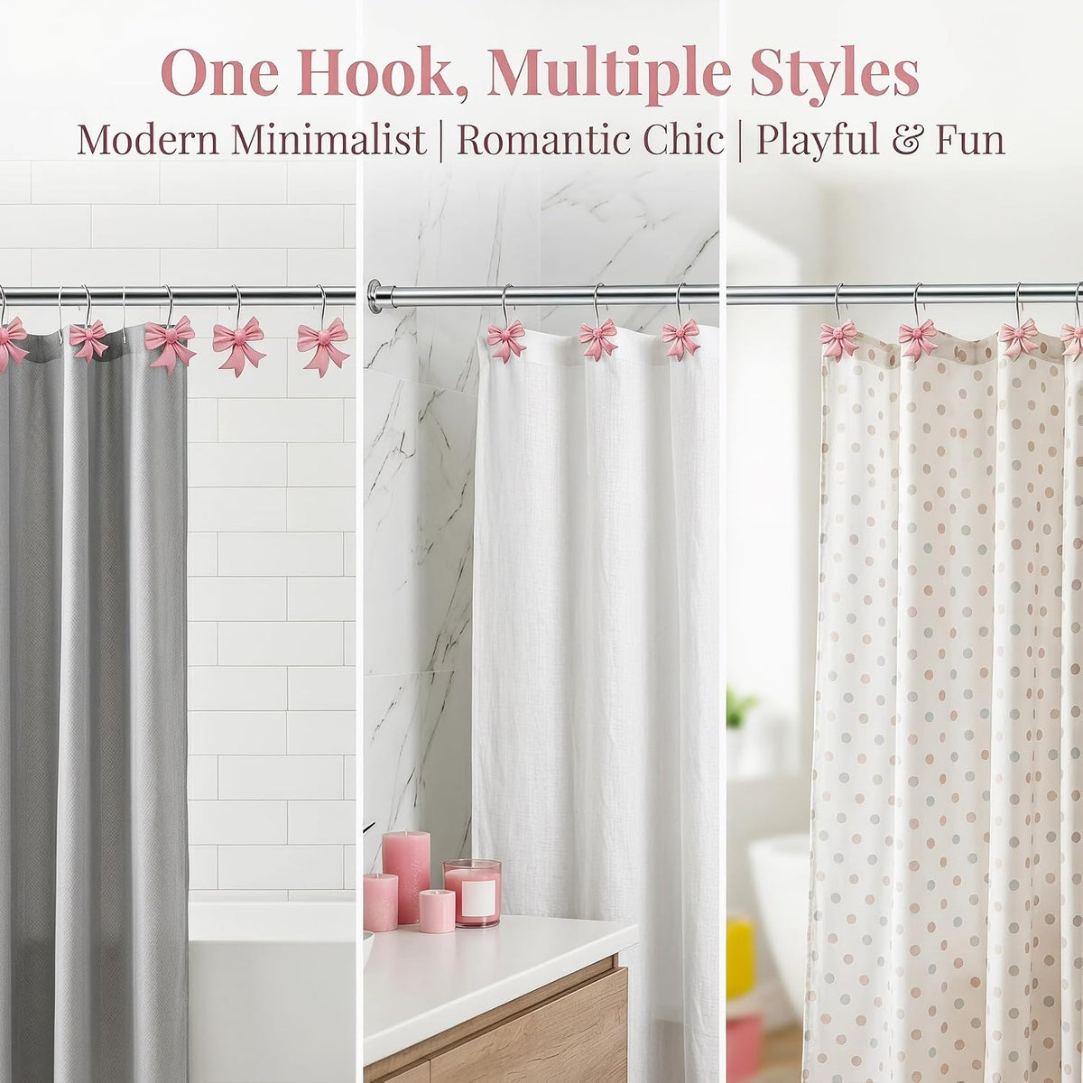 Bow Knot Decorative Shower Curtain Hooks, 12pcs Pink Cute Art Deco Resin Rust Resistant Hooks Glide Shower Ring Hangs Holder Bling for Girl Bathroom Baby Room Nursery