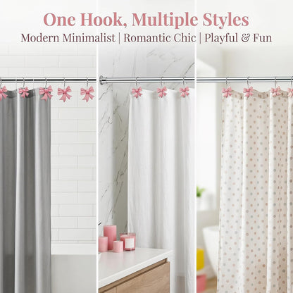 Bow Knot Decorative Shower Curtain Hooks, 12pcs Pink Cute Art Deco Resin Rust Resistant Hooks Glide Shower Ring Hangs Holder Bling for Girl Bathroom Baby Room Nursery