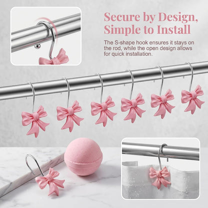 Bow Knot Decorative Shower Curtain Hooks, 12pcs Pink Cute Art Deco Resin Rust Resistant Hooks Glide Shower Ring Hangs Holder Bling for Girl Bathroom Baby Room Nursery
