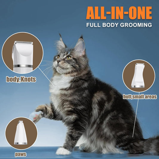Cat Grooming Clippers Kit with Paw Trimmer, 3 in 1 Electric Pet Hair Trimmer Supplies for Thick Matted Hair, Heavy Coat Butt Shaver Cat Razor Fur Trimmer for Dogs at Home (White)