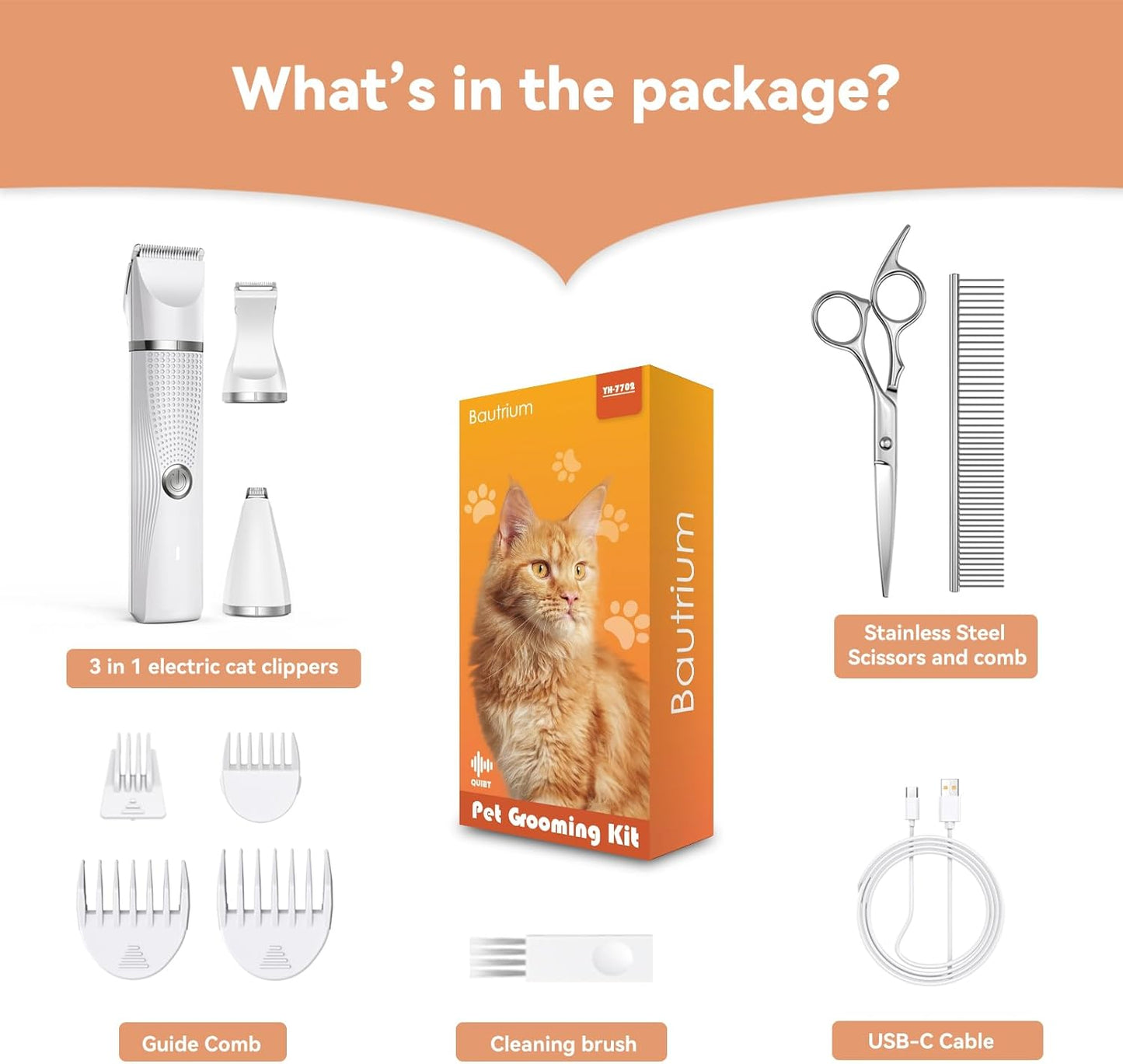 Cat Grooming Clippers Kit with Paw Trimmer, 3 in 1 Electric Pet Hair Trimmer Supplies for Thick Matted Hair, Heavy Coat Butt Shaver Cat Razor Fur Trimmer for Dogs at Home (White)