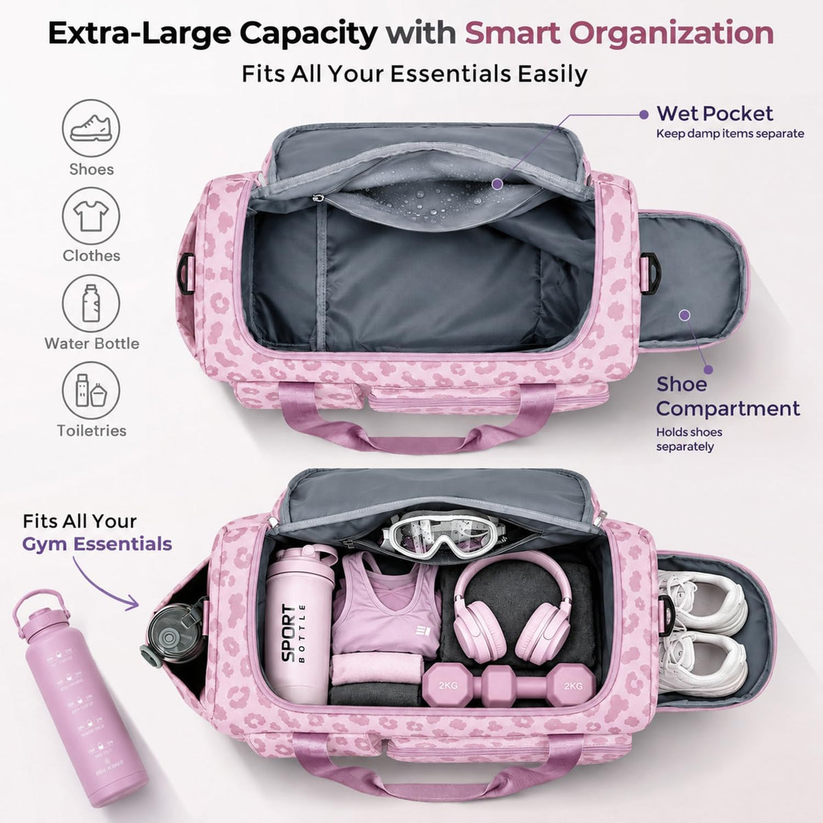 Women's Gym Duffle Bag with Shoes Compartment, 30L Capacity, Ideal for Travel, Gym, Sports, Duffel, Weekender