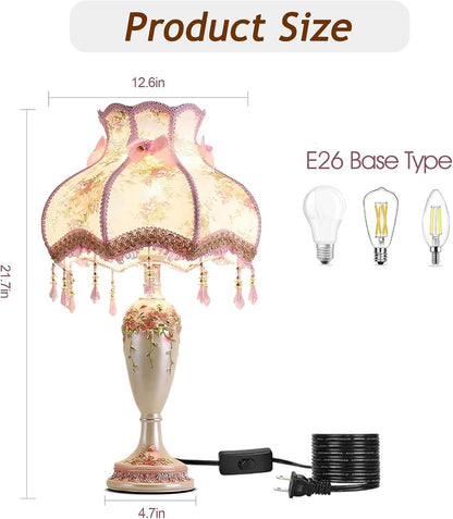 Pink Victorian Table Lamp, Antique Flower Decor Button Switch Bedside Lamp, Resin Base Desk Lamps for Living Room Bedroom Office, Handmade Fabric Table Lamps