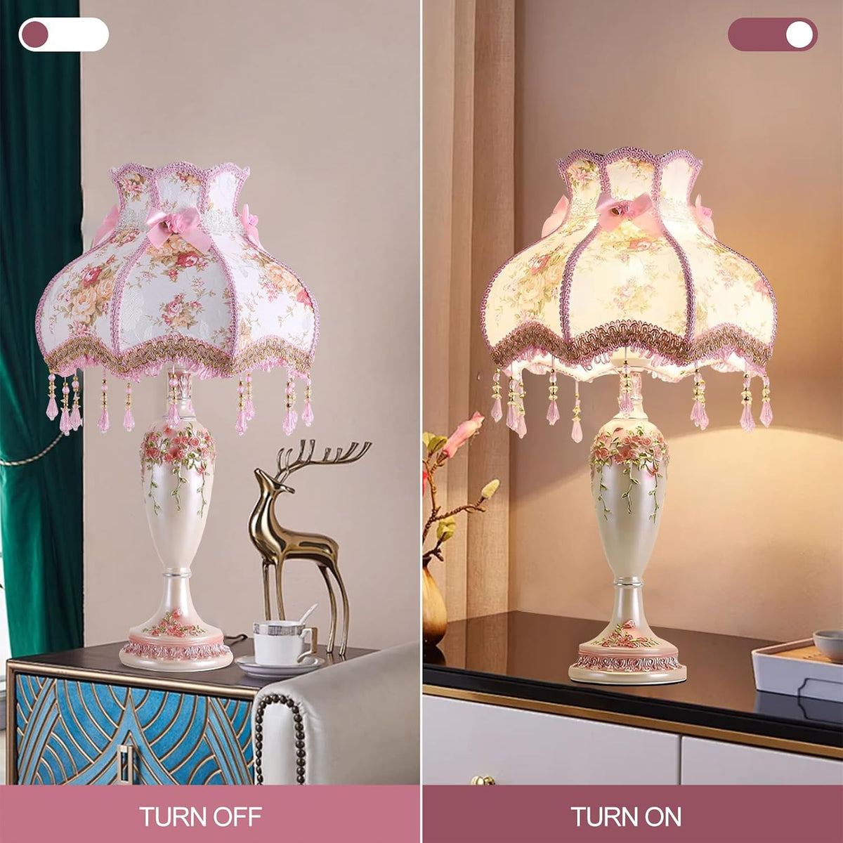 Pink Victorian Table Lamp, Antique Flower Decor Button Switch Bedside Lamp, Resin Base Desk Lamps for Living Room Bedroom Office, Handmade Fabric Table Lamps