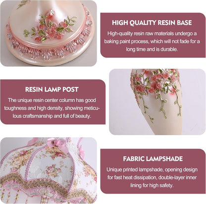 Pink Victorian Table Lamp, Antique Flower Decor Button Switch Bedside Lamp, Resin Base Desk Lamps for Living Room Bedroom Office, Handmade Fabric Table Lamps