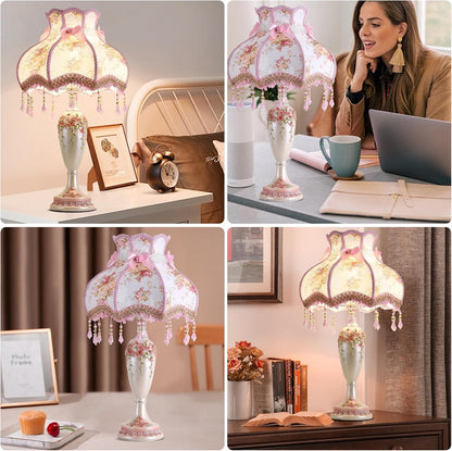 Pink Victorian Table Lamp, Antique Flower Decor Button Switch Bedside Lamp, Resin Base Desk Lamps for Living Room Bedroom Office, Handmade Fabric Table Lamps