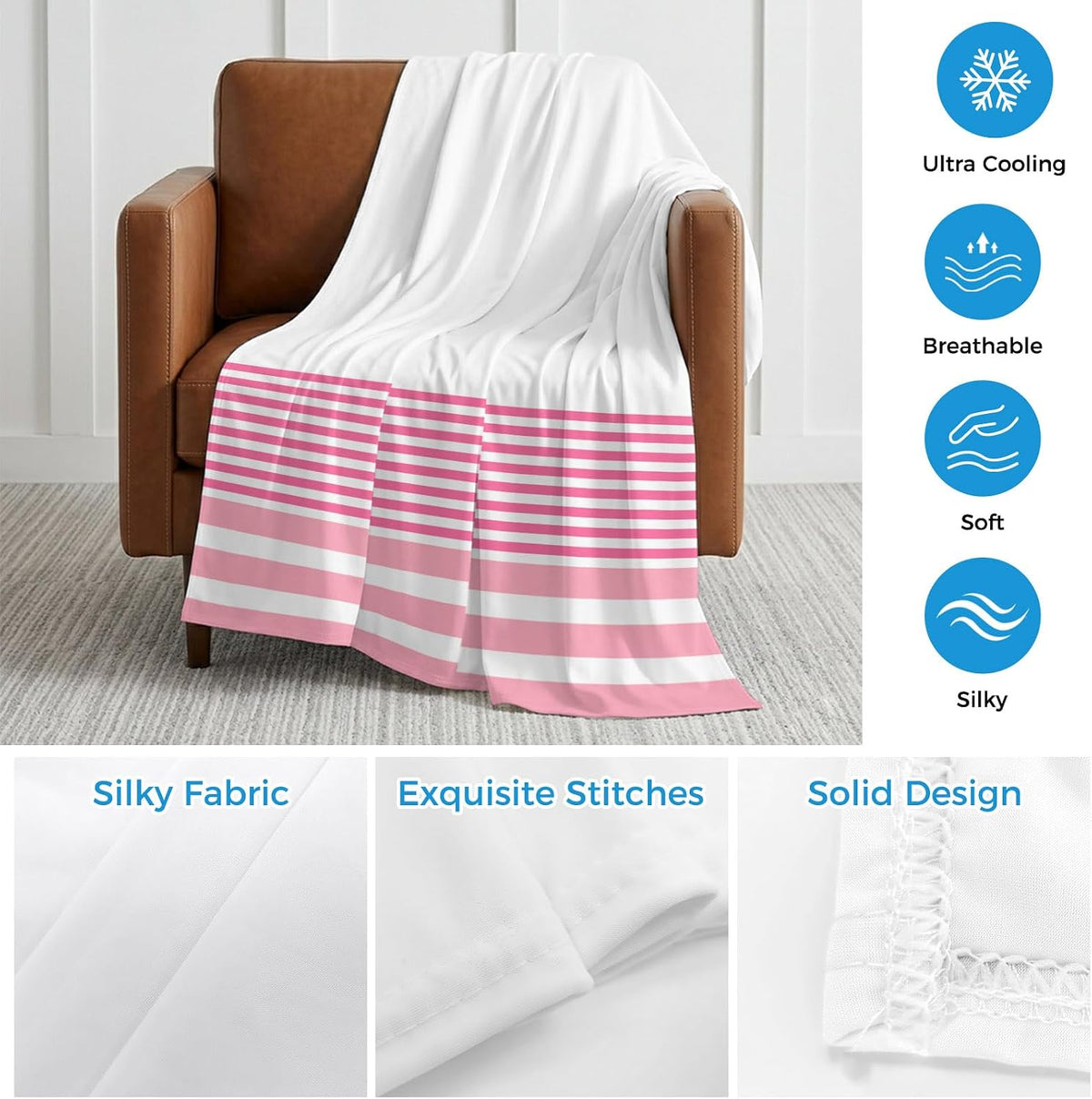 Cooling Blanket for Hot Sleepers Pink Stripe Lightweight Breathable Double Sided Summer Blanket Classic Style Cooling Throw Blanket for Couch Bed Night Sweats 30"x40"