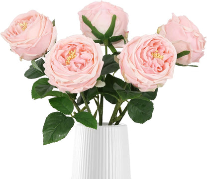Real Touch Rose Artificial Flowers 5PCS Faux Pink Peonies Realistic Roses with Stem for Wedding Bouquet Party Home Decor (Pink)