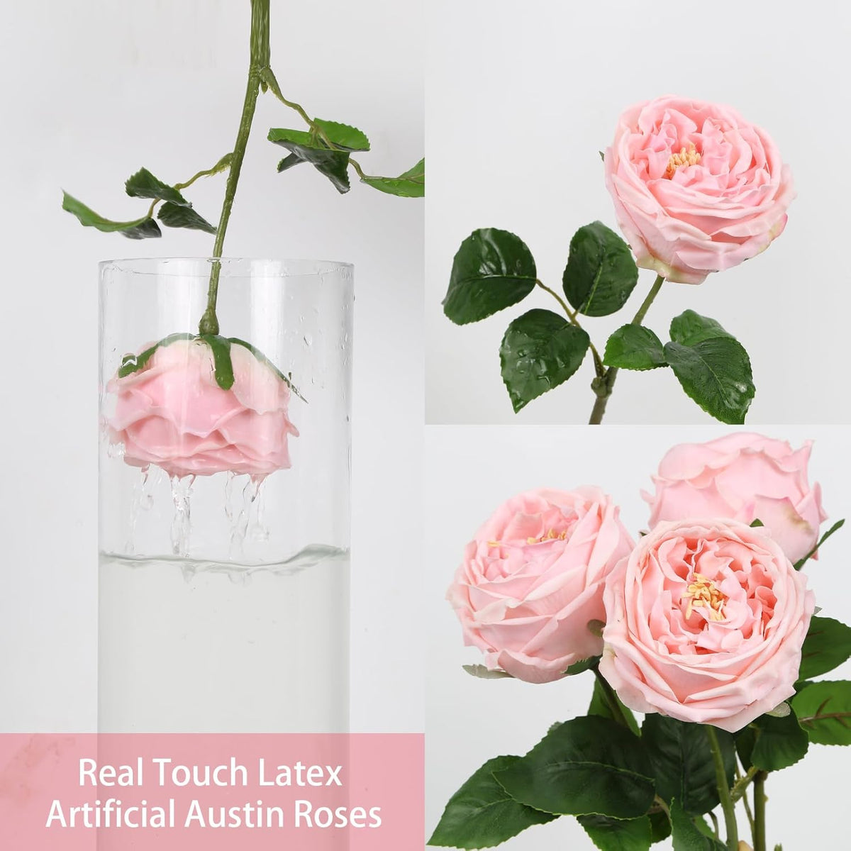 Real Touch Rose Artificial Flowers 5PCS Faux Pink Peonies Realistic Roses with Stem for Wedding Bouquet Party Home Decor (Pink)