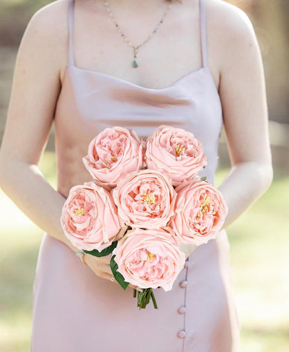 Real Touch Rose Artificial Flowers 5PCS Faux Pink Peonies Realistic Roses with Stem for Wedding Bouquet Party Home Decor (Pink)
