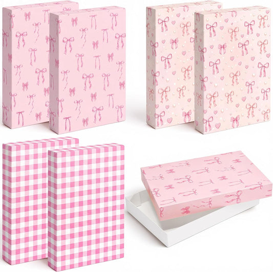 6 Pcs Large Shirt Gift Boxes with Lids 14.5 x 10 x 2 Inches Pink Bow Gift Box for Presents 3 Designs Shirt Boxes for Christmas Wedding Holiday Birthday Parties