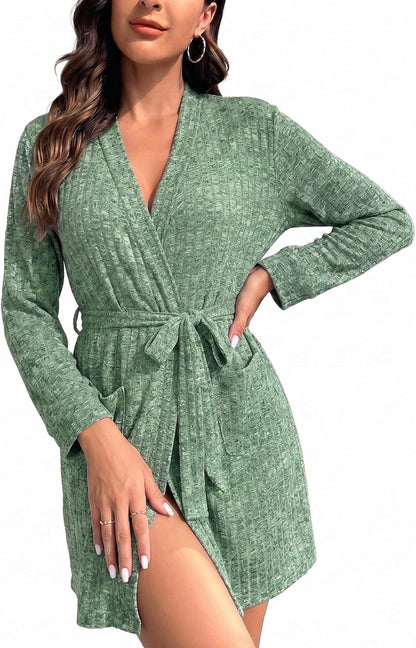 Women Robe Short Lightweight Bathrobe Ribbed Knit Soft Robes Long Sleeve Ladies Sleepwear with Pockets