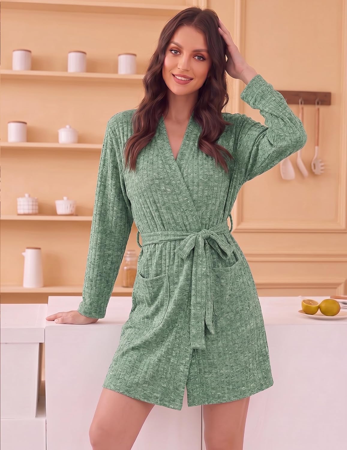 Women Robe Short Lightweight Bathrobe Ribbed Knit Soft Robes Long Sleeve Ladies Sleepwear with Pockets