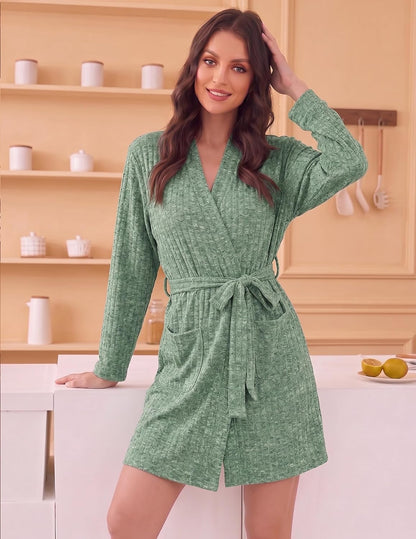 Women Robe Short Lightweight Bathrobe Ribbed Knit Soft Robes Long Sleeve Ladies Sleepwear with Pockets