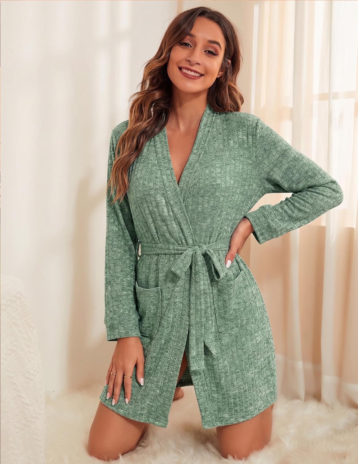 Women Robe Short Lightweight Bathrobe Ribbed Knit Soft Robes Long Sleeve Ladies Sleepwear with Pockets