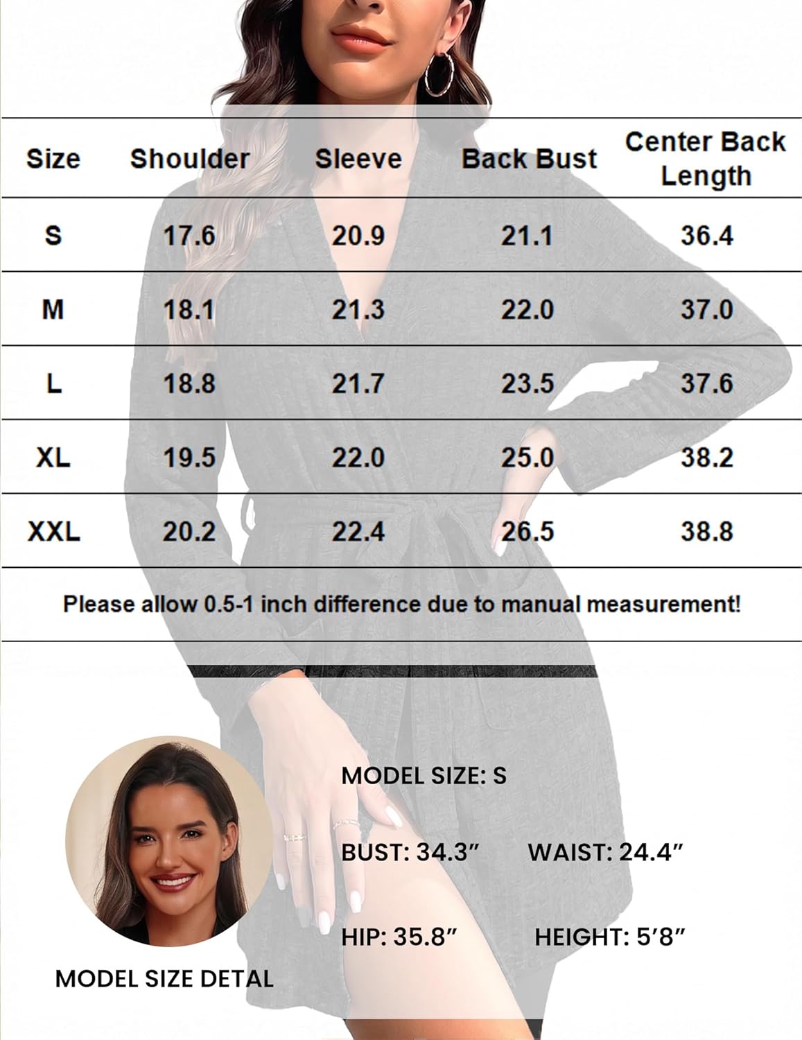 Women Robe Short Lightweight Bathrobe Ribbed Knit Soft Robes Long Sleeve Ladies Sleepwear with Pockets