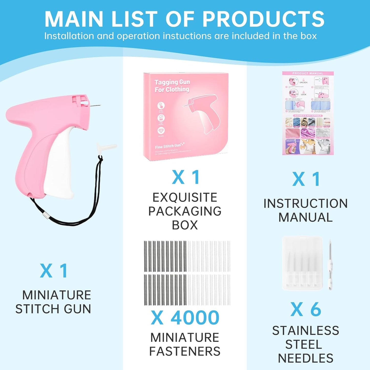 Tagging Gun Fou Clothing - Pink and White Stapler for Clothing Mini Sewing Kit Quick Clothing Fixer Sewing Tool Kits, 2000 Black & 2000 White 5mm Mini Fasteners with 6 Needles