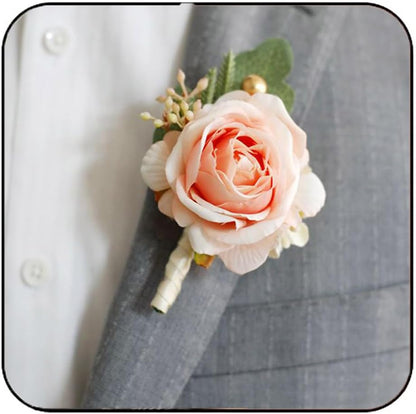 Bride Wedding Rose Boutonniere Groom Flower Buttonholes Prom Suit Decor for Men and Groomsmans (Pink)