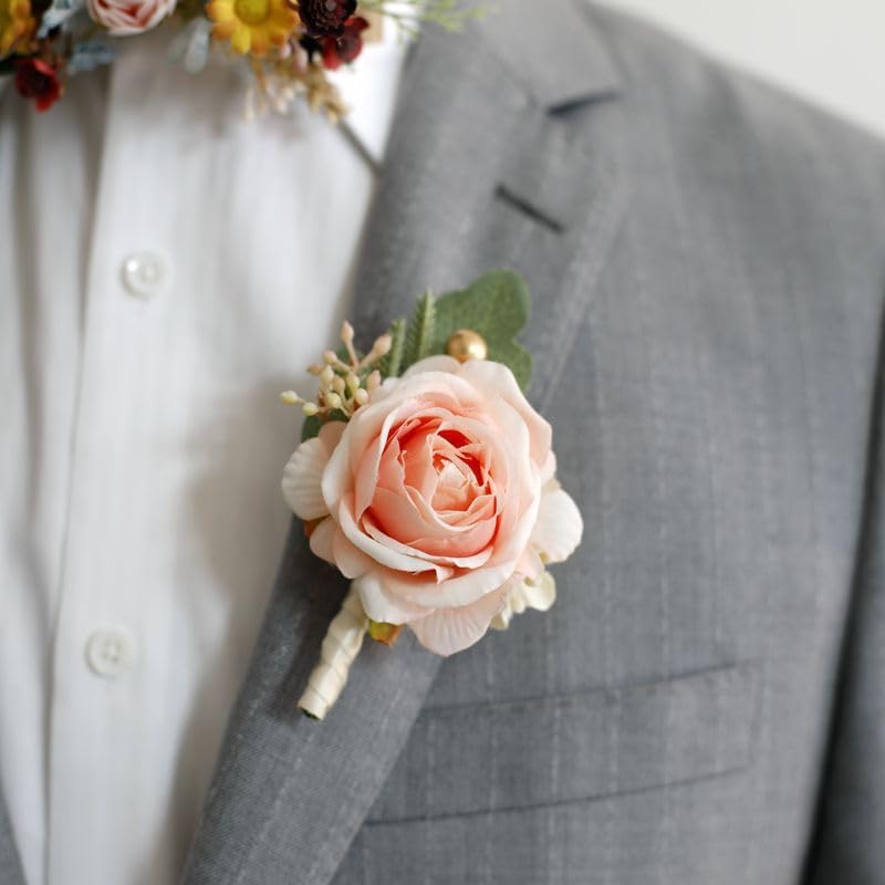 Bride Wedding Rose Boutonniere Groom Flower Buttonholes Prom Suit Decor for Men and Groomsmans (Pink)