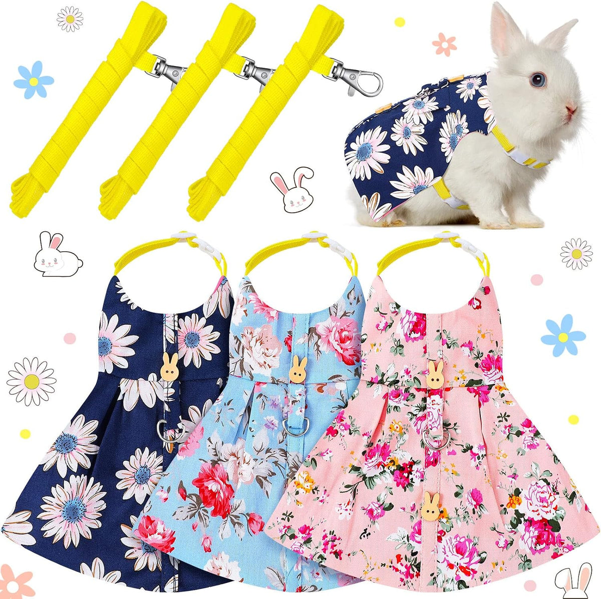 3 Sets Rabbit Bunny Harness and Leash Gift, Pink Flower, Blue Flower, Daisy