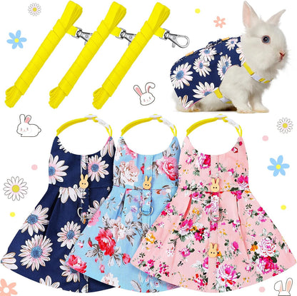 3 Sets Rabbit Bunny Harness and Leash Gift, Pink Flower, Blue Flower, Daisy