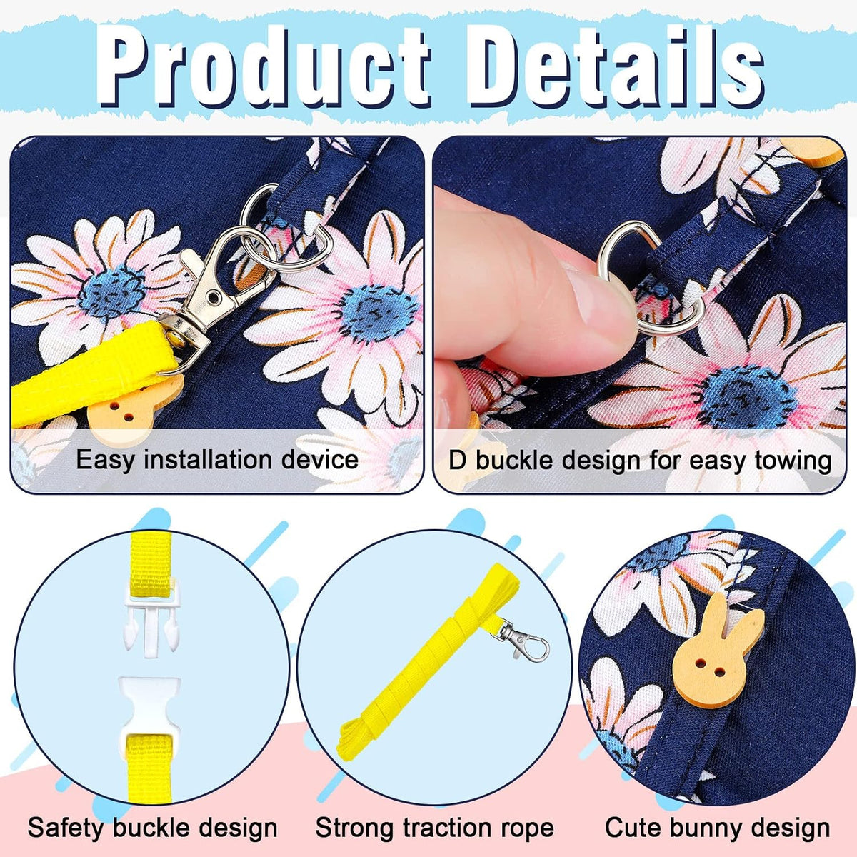 3 Sets Rabbit Bunny Harness and Leash Gift, Pink Flower, Blue Flower, Daisy