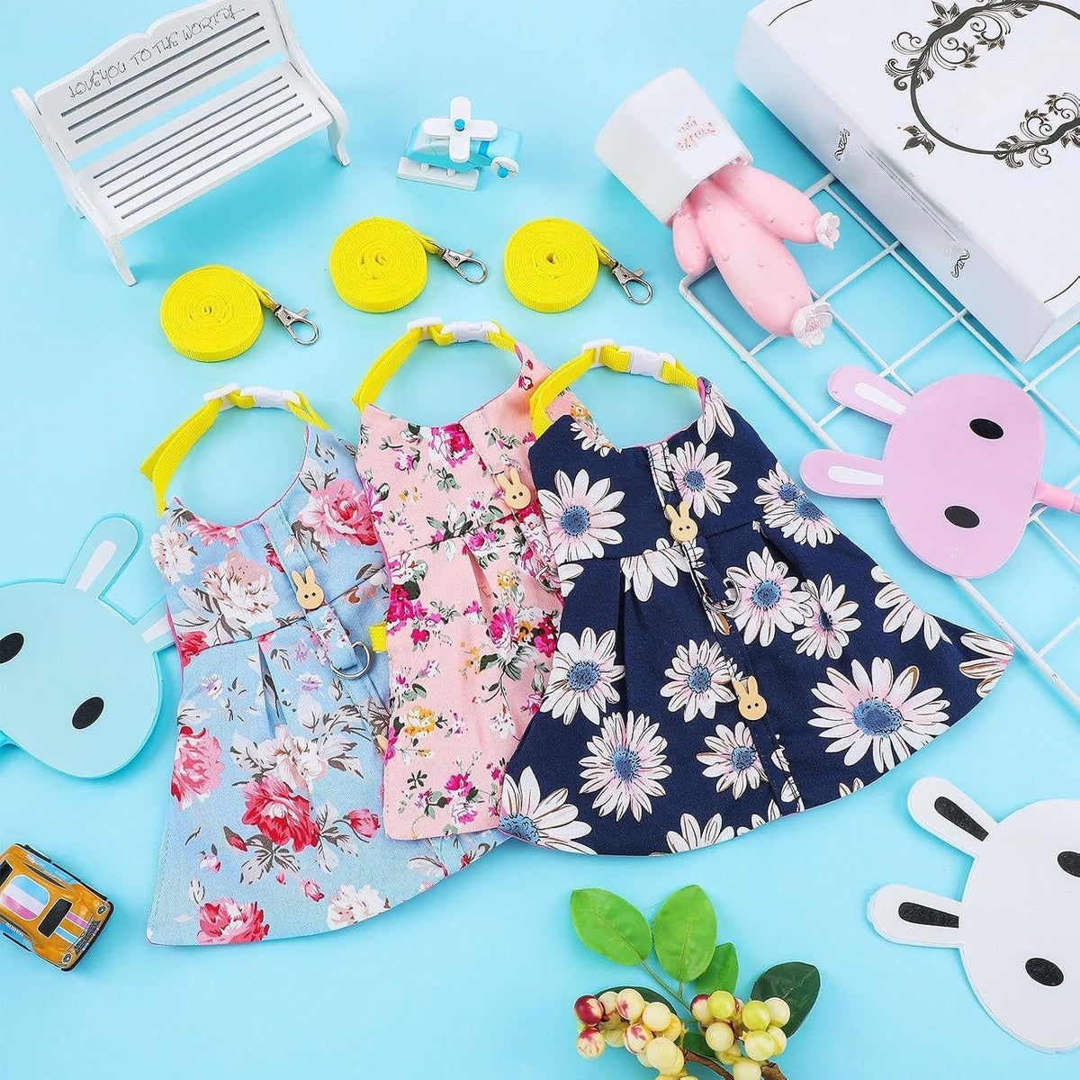 3 Sets Rabbit Bunny Harness and Leash Gift, Pink Flower, Blue Flower, Daisy