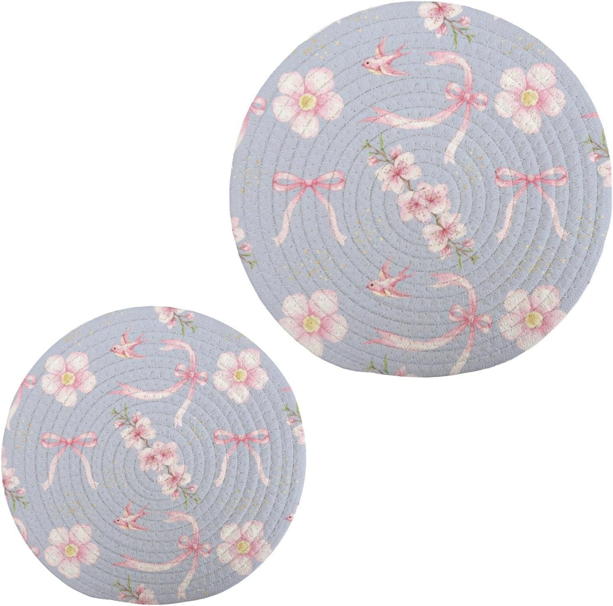 2Pcs Hot Pads Placemats, Light Blue Pink Flower Bow Large Trivets Set for Hot Dishes Pots and Pans, Pure Cotton Stylish Coasters Home Essentials for Decorations
