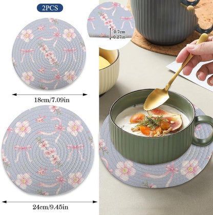 2Pcs Hot Pads Placemats, Light Blue Pink Flower Bow Large Trivets Set for Hot Dishes Pots and Pans, Pure Cotton Stylish Coasters Home Essentials for Decorations