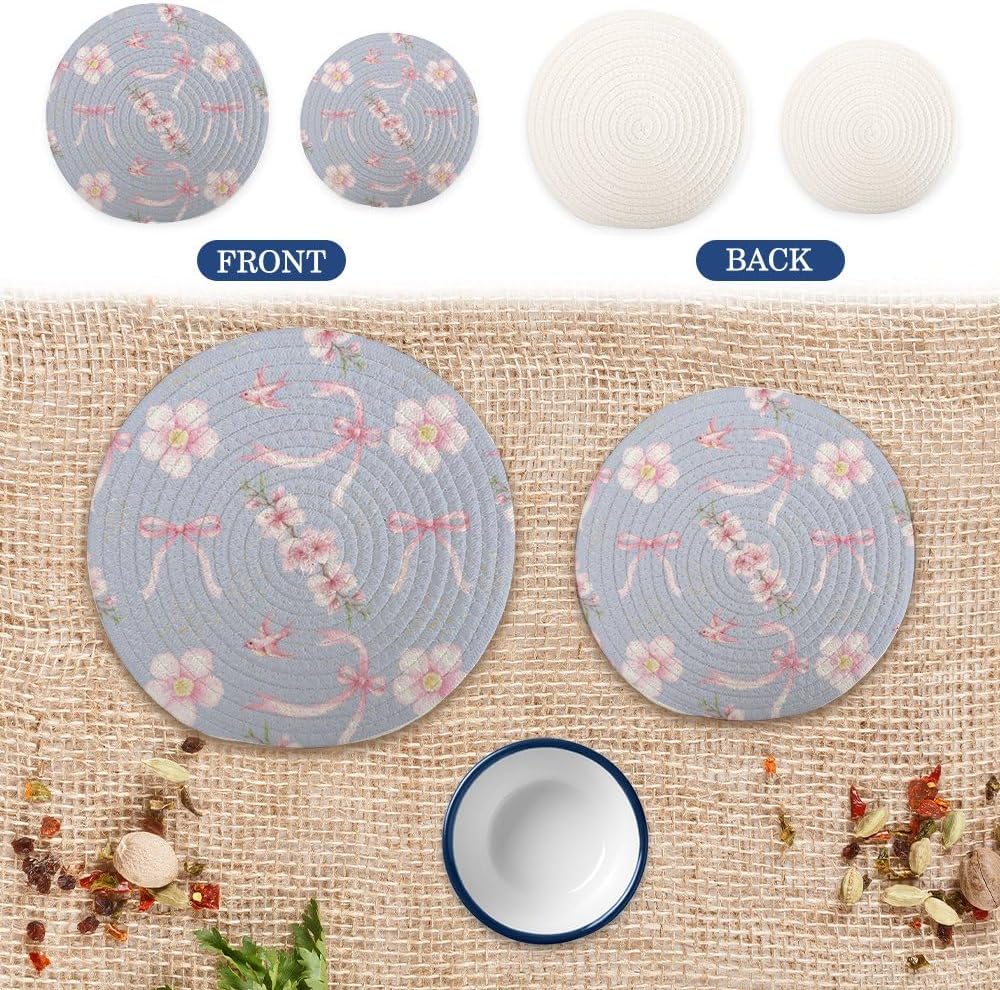 2Pcs Hot Pads Placemats, Light Blue Pink Flower Bow Large Trivets Set for Hot Dishes Pots and Pans, Pure Cotton Stylish Coasters Home Essentials for Decorations