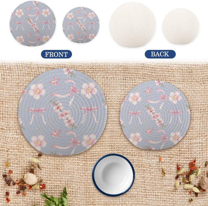 2Pcs Hot Pads Placemats, Light Blue Pink Flower Bow Large Trivets Set for Hot Dishes Pots and Pans, Pure Cotton Stylish Coasters Home Essentials for Decorations