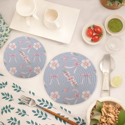 2Pcs Hot Pads Placemats, Light Blue Pink Flower Bow Large Trivets Set for Hot Dishes Pots and Pans, Pure Cotton Stylish Coasters Home Essentials for Decorations
