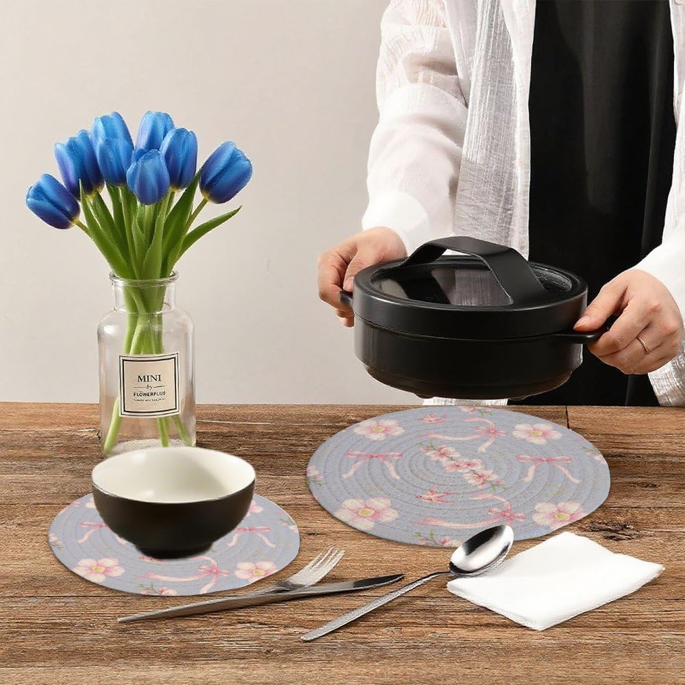 2Pcs Hot Pads Placemats, Light Blue Pink Flower Bow Large Trivets Set for Hot Dishes Pots and Pans, Pure Cotton Stylish Coasters Home Essentials for Decorations