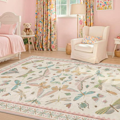 Washable 5x8 Light Pink Rug for Bedroom - Pink Boho Girl Nursery Rug, Living Room, Nature Insect Bug Print Home Decor