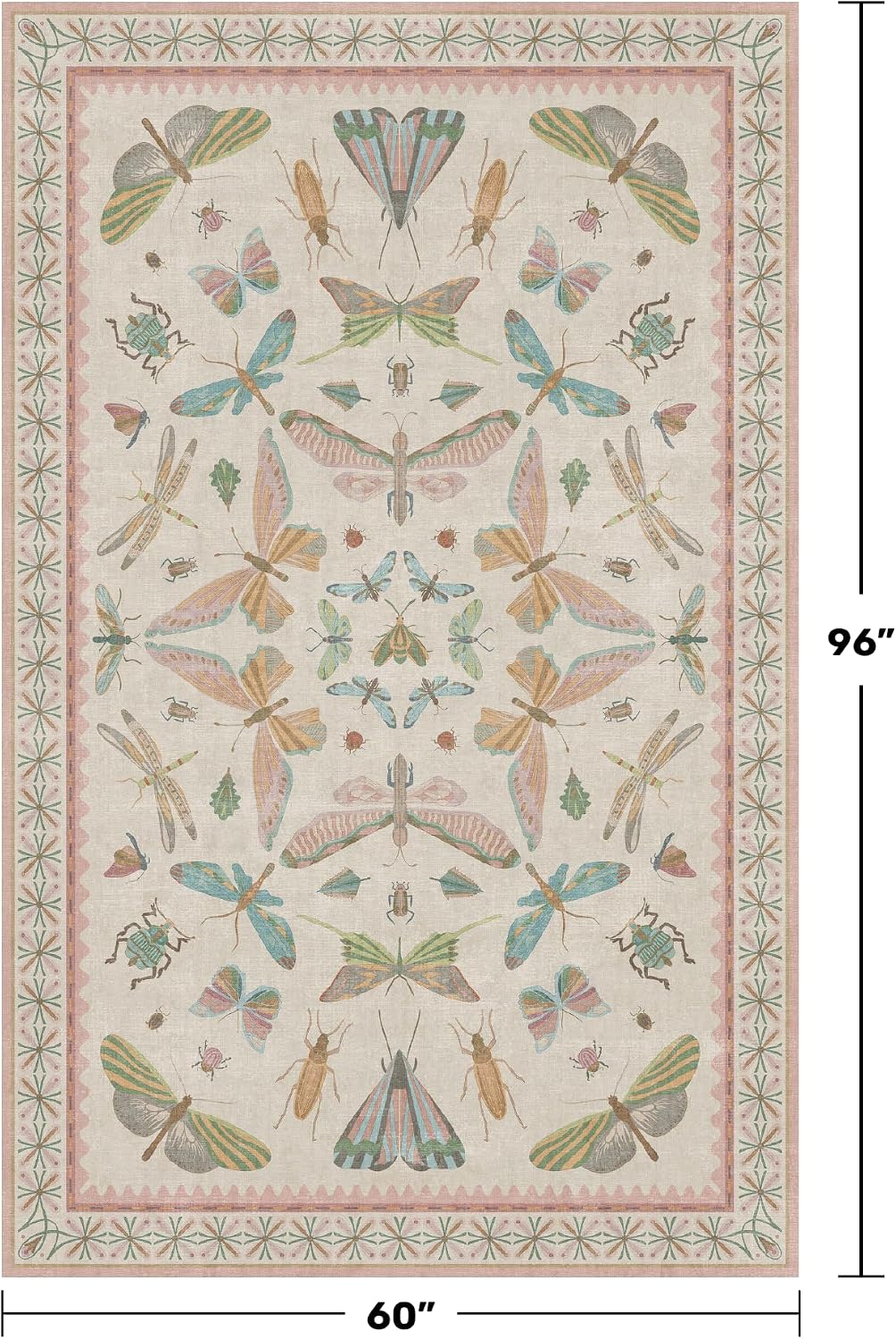 Washable 5x8 Light Pink Rug for Bedroom - Pink Boho Girl Nursery Rug, Living Room, Nature Insect Bug Print Home Decor