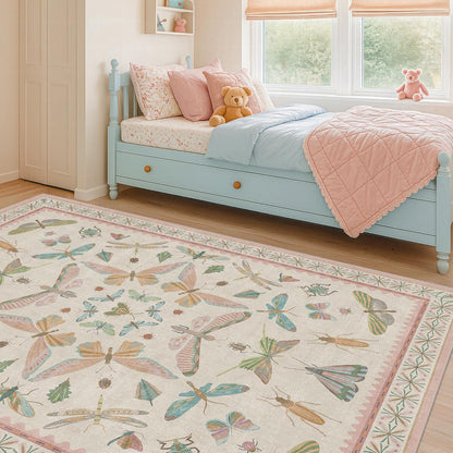 Washable 5x8 Light Pink Rug for Bedroom - Pink Boho Girl Nursery Rug, Living Room, Nature Insect Bug Print Home Decor