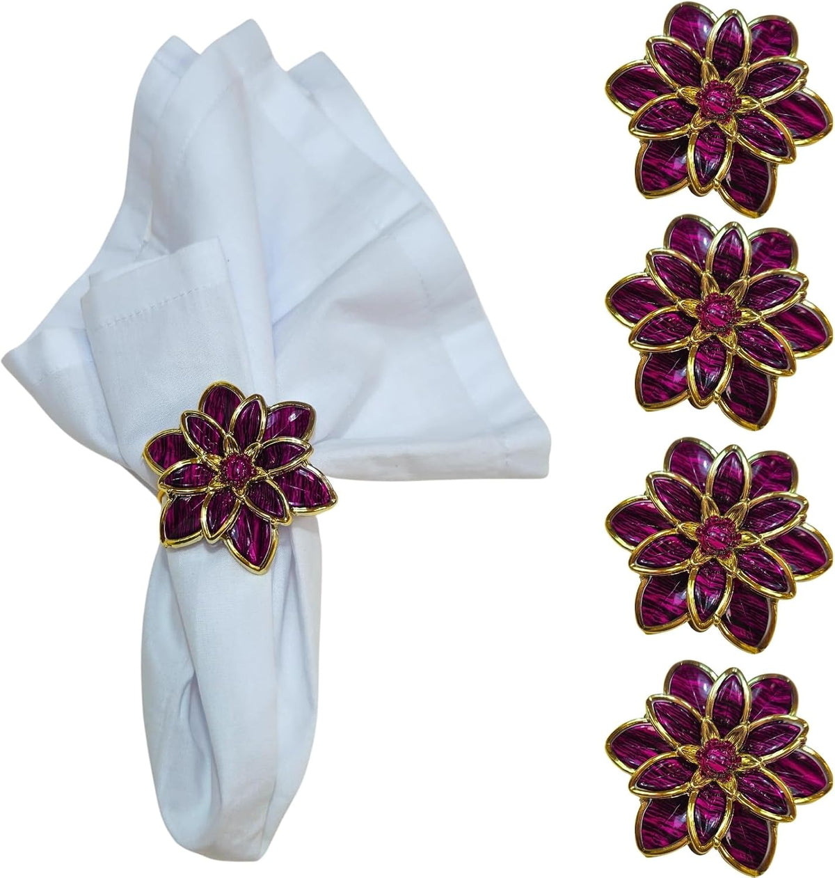 Charlo's Set of 4 Party Delicate Flower Napkin Rings for Wedding, Thanksgiving, Christmas, Wedding, Banquet, Birthday (Pink Party)