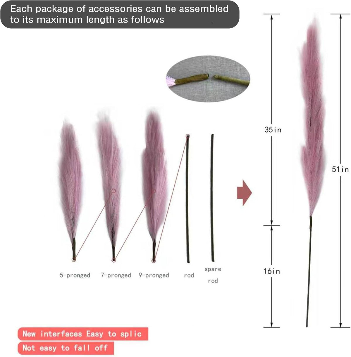 Faux Pampas Grass 3PCS Tall 51'' for Floor Vase Dried Pampas Grass Decor Living Room Decor and Accessories Fluffy Artificial Home Decor (Pink)