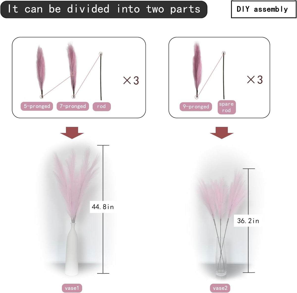 Faux Pampas Grass 3PCS Tall 51'' for Floor Vase Dried Pampas Grass Decor Living Room Decor and Accessories Fluffy Artificial Home Decor (Pink)