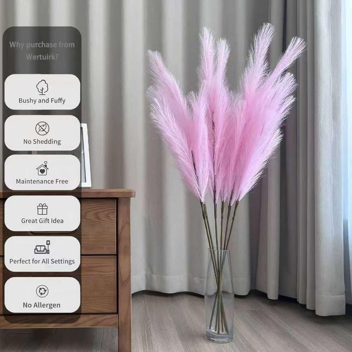 Faux Pampas Grass 3PCS Tall 51'' for Floor Vase Dried Pampas Grass Decor Living Room Decor and Accessories Fluffy Artificial Home Decor (Pink)