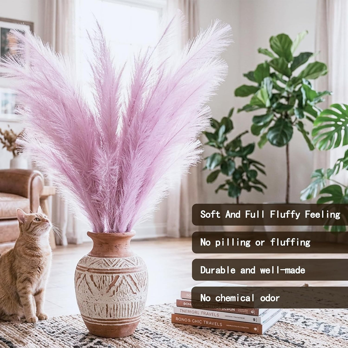 Faux Pampas Grass 3PCS Tall 51'' for Floor Vase Dried Pampas Grass Decor Living Room Decor and Accessories Fluffy Artificial Home Decor (Pink)