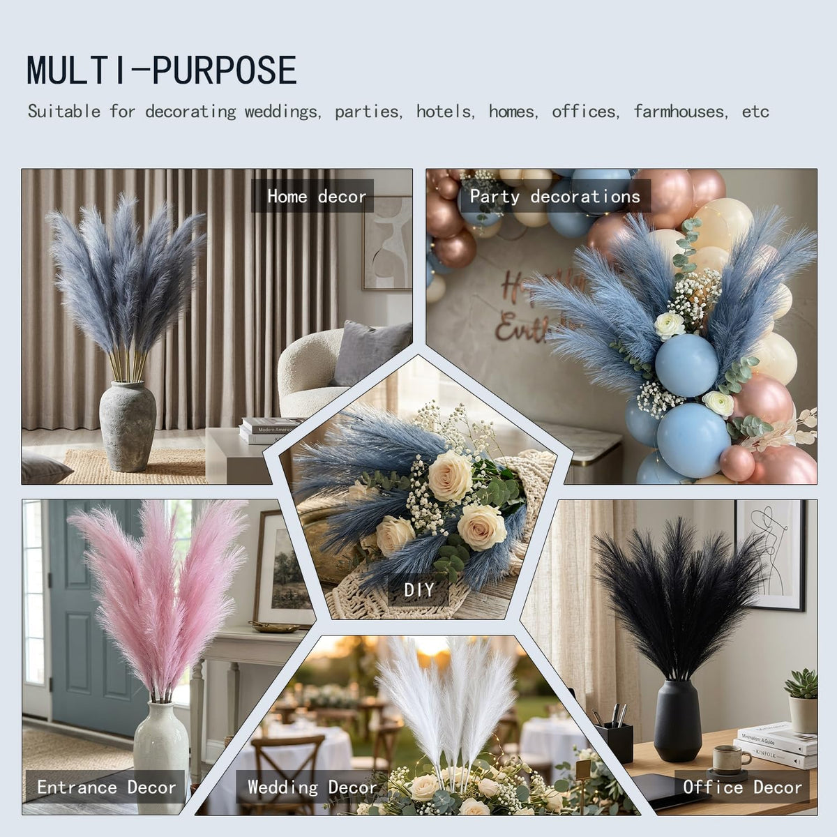 Faux Pampas Grass 3PCS Tall 51'' for Floor Vase Dried Pampas Grass Decor Living Room Decor and Accessories Fluffy Artificial Home Decor (Pink)