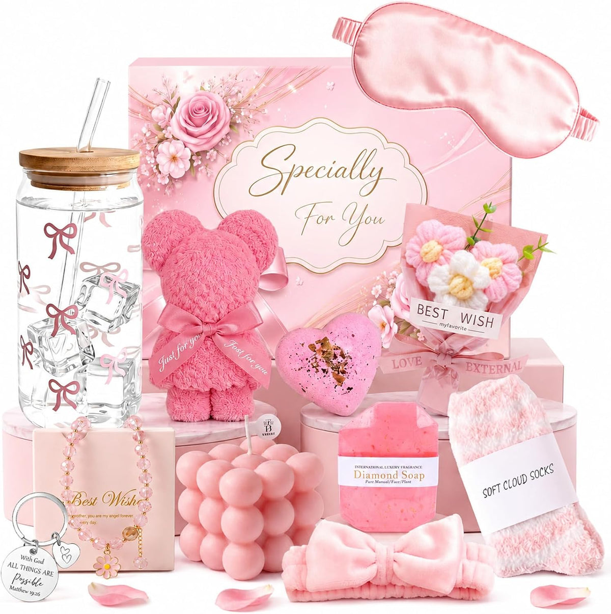 Pink Spa Gift Basket for Women, Birthday Self Care Gifts for Her