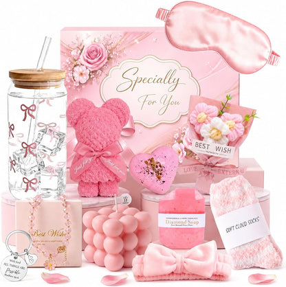 Pink Spa Gift Basket for Women, Birthday Self Care Gifts for Her