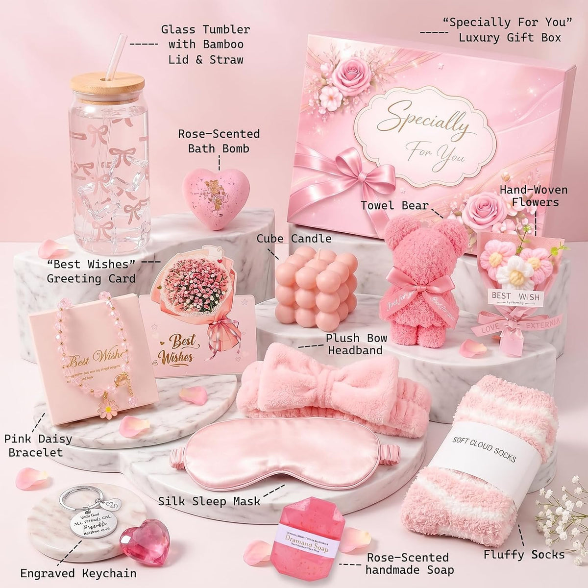 Pink Spa Gift Basket for Women, Birthday Self Care Gifts for Her
