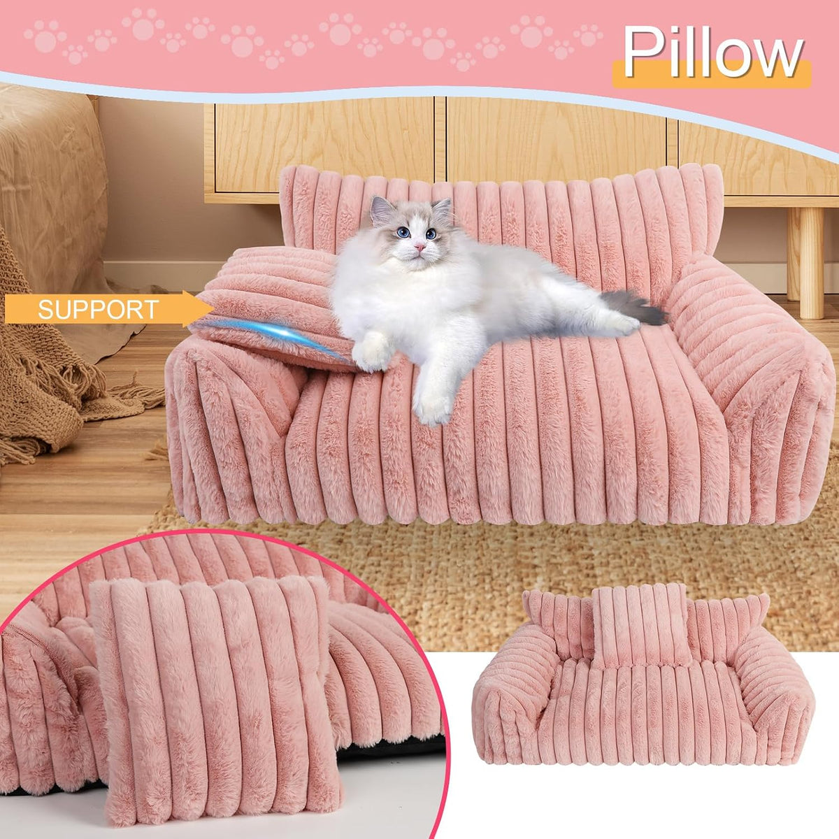 Cute Cat Couch Bed for Indoor Cats, Dog Beds for Small Dogs Couch, S, Pink
