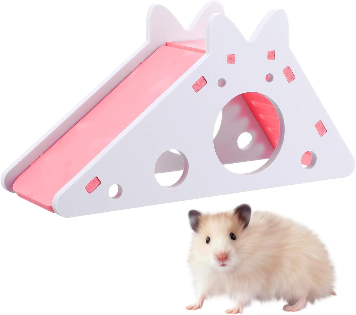 Hamster House with Ladder and Slide, Wooden Hamster Play Toys Hideout Hut Gerbil Rat Hideaway Small Animal Activity Toy DIY Hamsters Cage Accessories for Small Pets(Pink)