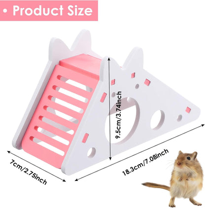 Hamster House with Ladder and Slide, Wooden Hamster Play Toys Hideout Hut Gerbil Rat Hideaway Small Animal Activity Toy DIY Hamsters Cage Accessories for Small Pets(Pink)