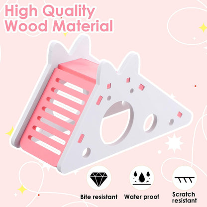Hamster House with Ladder and Slide, Wooden Hamster Play Toys Hideout Hut Gerbil Rat Hideaway Small Animal Activity Toy DIY Hamsters Cage Accessories for Small Pets(Pink)
