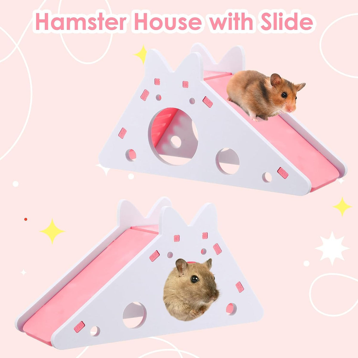 Hamster House with Ladder and Slide, Wooden Hamster Play Toys Hideout Hut Gerbil Rat Hideaway Small Animal Activity Toy DIY Hamsters Cage Accessories for Small Pets(Pink)